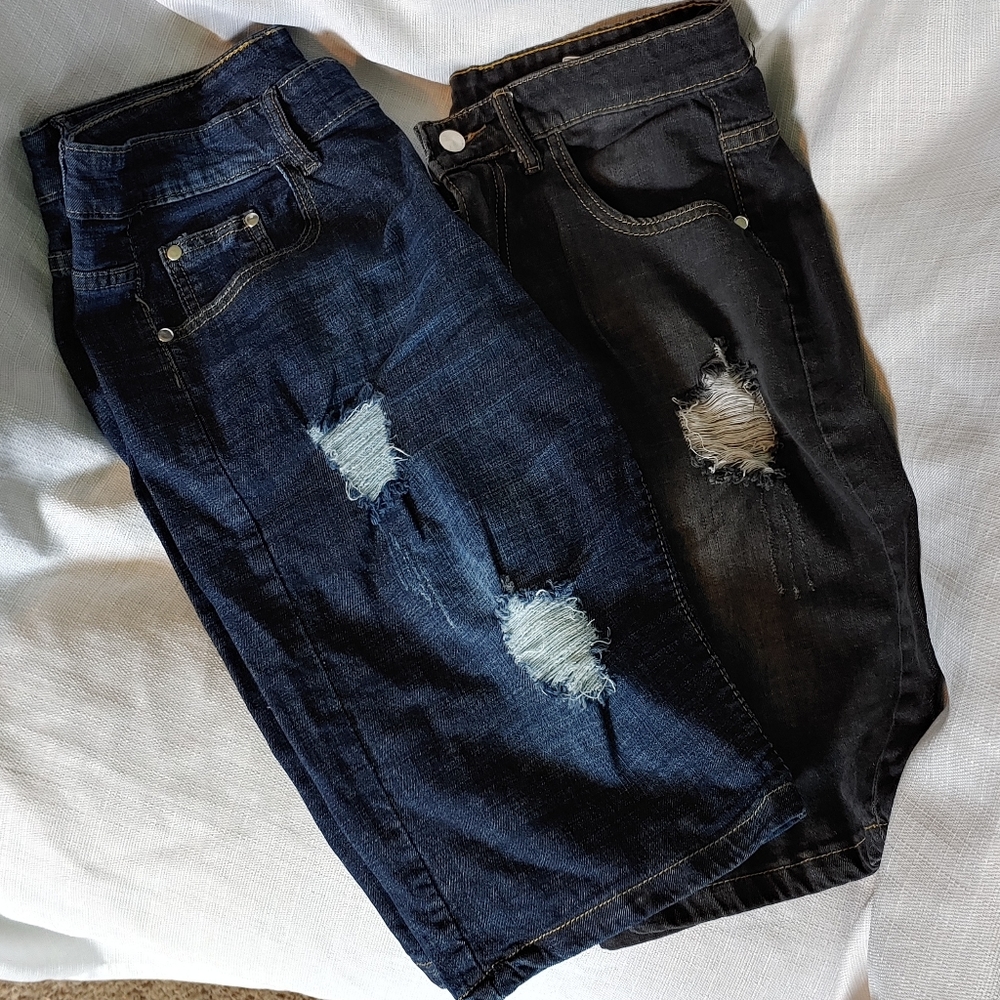 Two Pairs Distressed Jean Shorts 1 Black 1 Blue